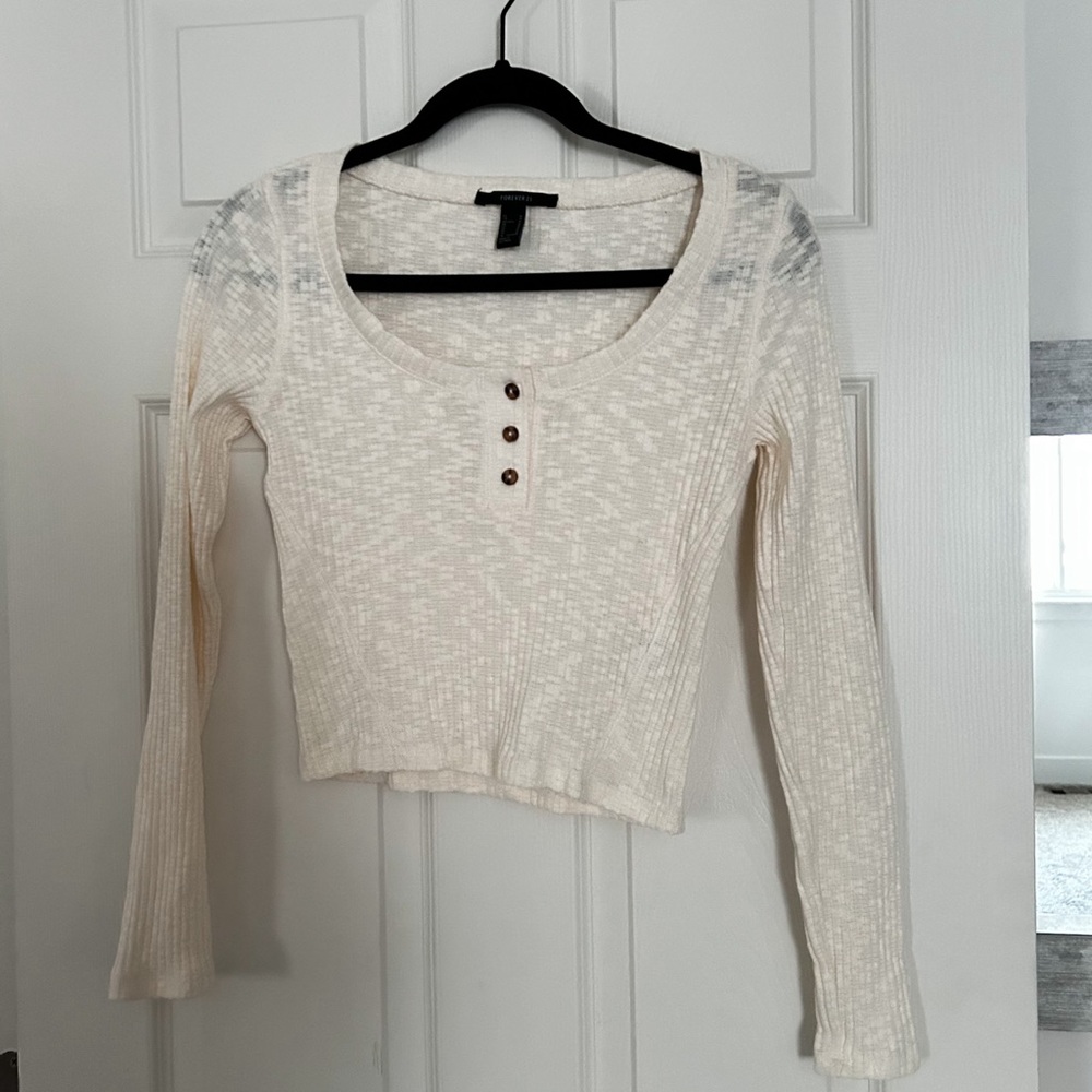NWOT Cream/Off-white Burnout Scoop Neck Henley Crop Top